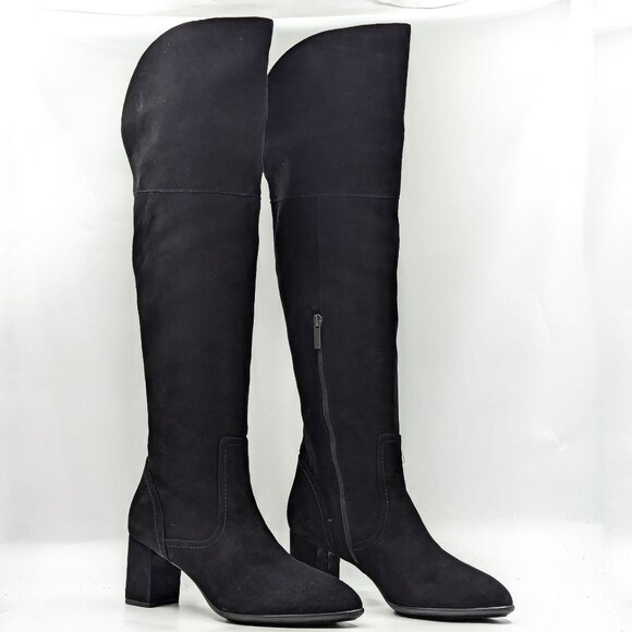 Aquatalia Women Barbera Black Suede OTK Block Heel Boots size 11 - Picture 1 of 12